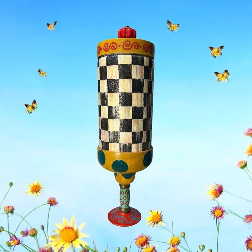 Colorful Checkered Decorative Keepsake trinket Art Jar. Makenzie Child Inspired. - Picture 3 of 7
